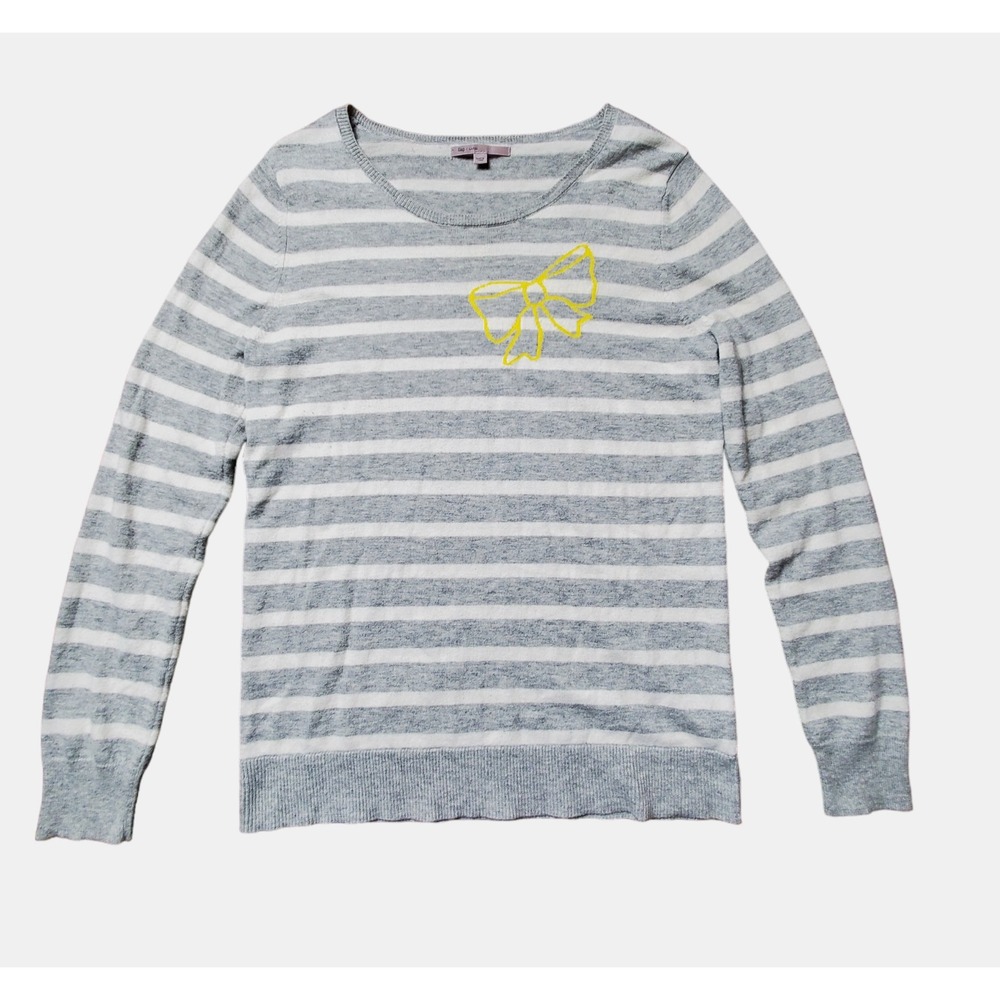 GAP Wool Nylon Blend Striped Knit Pullover Sweater Bow Print Womens L Gray White